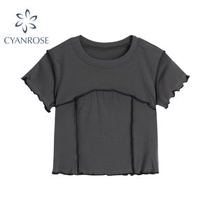 Streetwear Summer Women's T Shirt Short Sleeve Slim Crewneck Pullover Tees Kvinna Patchwork Design E-Girl Crop Tops 210417