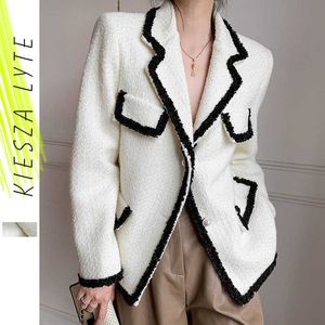 White Women Suit Jacket Fashion Office Lady Patchwork Long Sleeve Tweed Coat Female Outerwear Chic Blazer 210608
