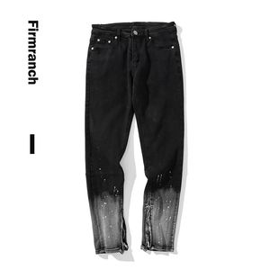 Firmranch Men/Women Vibe Black For Men High Street Splash-ink Stacked Jeans Homme Zip Up Pencil Pant Moto Trouse