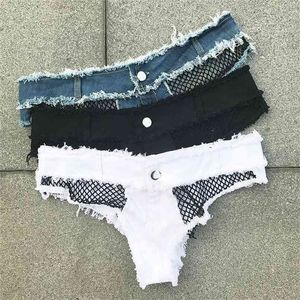 Micro Bikini Mini Short Sexy Club Beach Denim S Weiß Sommer Femme Niedrige Taille Tanga Jeans für Frauen Hollow Out 210714