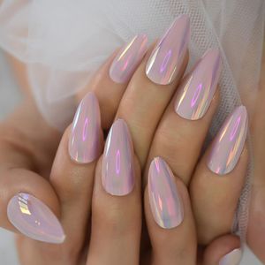 Falska naglar Almond Fake Lång Medium Längd Metallisk Tryck på Pink Chrome Acrylic Nail Art Tips DIY Manicure Faux Ongles