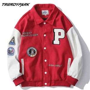 Mäns Varsity Uniform Baseball Jacket PU Läder Ärm Singel Breasted Appliques Bomber Jacka Broderi Patches Casual Coat 210923