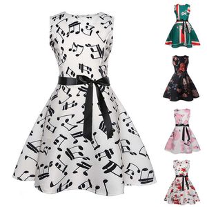 Summer Girls Dress Vintage Music Note Print Princess Gown Prom Swing Forky Dress Birthday Child Girl Clothing Wedding Party Dres Q0716