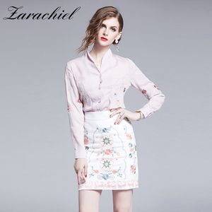 Women Elegant Flower Embroidery Outfits Two Pieces Sets Office Ladies V-Neck Shirt Blouse + Embroideried White Mini Skirt 210416