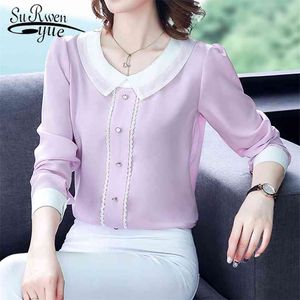 Peter Pan Collar z długim rękawem Szyfonowe Bluzki Kobieta Plus Rozmiar Damskie Topy Pink Office Lady Kobieta Blusa Mujer Moda 6933 210427