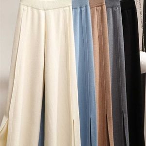 Surmiitro moda outono inverno grosso malha longa perna larga calça mulheres estilo coreano branco split cintura alta calças feminina 211115