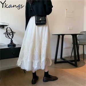 Vintage Lace Alto Cintura Longa Saia Mulheres Harajuku Verão Plissado Saia Coreano Roupas Simples Outono Tule Saia Streetwear 210619