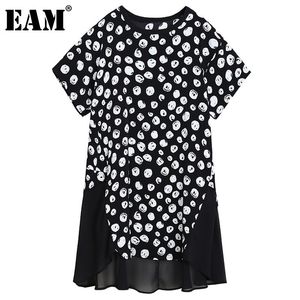 [EAM] Donne Big Size Irregonali Chiffon Dot Dot Vestito stampato Neck Sleeve Sleeve Adatto allentato Fashion Estate 1D7586 210512