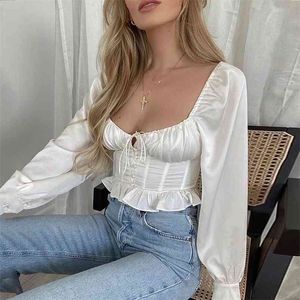 Elegante manga comprida cetim verão blusa camisa mulheres lace up front pelt top branco tops blusas de mujer 210427