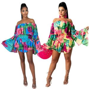 Sexig Print Jumpsuits Kvinnor Slash Neck Long Flare Ärm Kort Brett Benbyxor Rompers Ruffles Bodysuits Club Outfits 211116