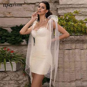 Ücretsiz Yaz Kadın Beyaz Polka Dot Dantel Bandaj Elbise Seksi Dantel-Up Ilmek Mini Ünlü Club Parti Vestidos 210524