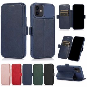 Fashion CamShield Lens Protection Leather Wallet Cases For iPhone 14 13 12 Pro Max 11 XR XS X 8 7 6 Plus Sliding Slide Camera Credit ID Card Slot Holder Flip Cover Pouch