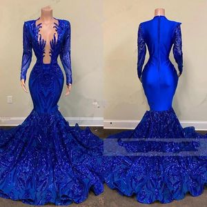 Sexig Royal Blue Sequins Mermaid Prom Klänningar Långärmade Lace Appliques Evening Dress Rose Ruffles Special Occasion Party Gowns BC10882