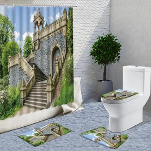 Duş Perdeleri Mimarisi Avrupa Perde 4 Parça Setleri Basamaklar Taş Bina Banyo Banyo Tuvalet Kapı Paspaslar Zemin Kilim Halı