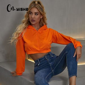 CNYISHE Winter Streetwear Long Sleeve Hooded Hoodies Women Fashion Casual Cropped Pullovers Tops Neon Orange Zippers Women Hoody 210419