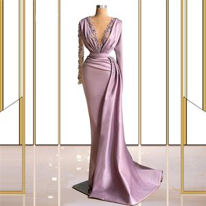 Purple Chic Evening Dresses Long Sleeves V Neck Elegant Women Arabic Formal Prom Gowns Robe De Mariée Custom Made Party Wear