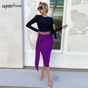 Free Women Contrasting Color Bandage Dress Sexy O-neck Long Sleeve Bodycon Midi Elegant Club Party 210524