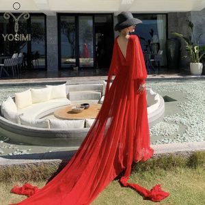 Yosimi Golvlängd Långa kvinnor Klä Röd Chiffon Sommar V-Neck Sleeve Fit And Flare Backless Party Night Dresses 210604