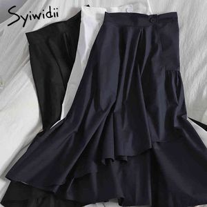 Syiwidii Unregelmäßige Rückseite Elastische Hohe Taille Midi Röcke Frauen Button Up A-Line Weiß Schwarz Sommer Kleidung Koreanische Mode 210417