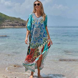 Print Chiffon Beach Cover UP Tunics для длинного кафтана Bikini Robe De Plage Sarong Coursuit Cover Q1183 210420