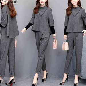 Autunno grigio elegante due pezzi completi abiti da donna taglie forti pezzi finti top e pantaloni abiti da ufficio coreani da donna 210514