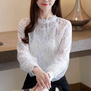 Camicia in pizzo con colletto alla coreana in tinta unita Camicetta a maniche lunghe con maniche lunghe a lanterna bianca Abbigliamento moda coreana 885i 210420