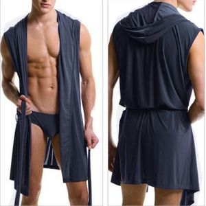 Men's Sleepwear European Bathrobes Ice Silky Mens Hooded Sleeveless Bathrobe N2N Men Plus Size Nightgown Nighty 2023