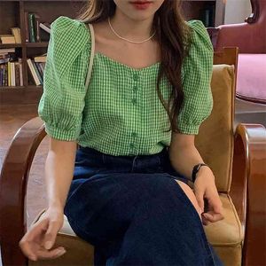 Старинные ретро зеленый плед однобортный рубашка женские топы слоеного рукава летние женщины блузки Femme Blusas корейский шик мода 210529