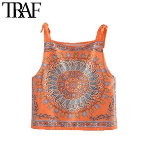 TRAF Kadınlar Moda Baskılı Yumuşak Dokunmatik Kırpılmış Tank Tops Vintage Kolsuz Papyon Kayışları Kadın Camiş Mujer 210415