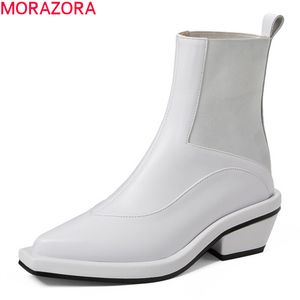 Morazora äkta läder stövlar tjocka klackar kvadratiska tå mode damer skor höst vinter svart vit fotled stövlar för kvinna 210506