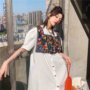 Summer Dress Floral Two Piece Bubble Sleeve White Temperamet Loose Fit Fashion 2P027 210526