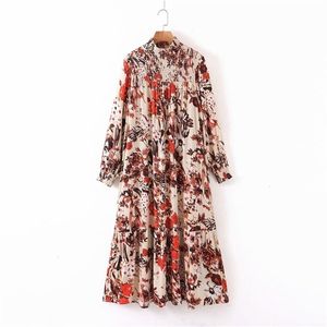 Women elastic shrink fold turtleneck collar flower print casual loose long Dress lady vestidos chic straight Dresses DS3308 210420