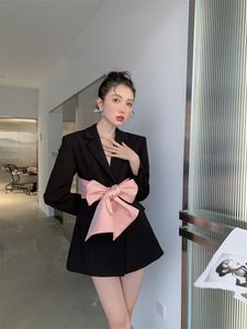 Women's turn down collar cute pink bow patchwork back hollow out sexy blazer suit dress plus size SMLXLXXL3XL