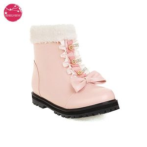 Buty 2021 Jesień Zima Lolita Kostka Dla Kobiet Chunky Obcasy Różowy Czarny Biały Cute Bowtie Faux Fur Damskie Ciepłe Buty Side Zipper