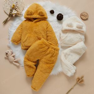 Güzel Bebek Bebek Kazak Pantolon Set Moda Kız Erkek Düz Renk Peluş Sıcak Uzun Kollu Uzun Pantolon Tops Uzun Pantolon Ayı Kulakları Şapka