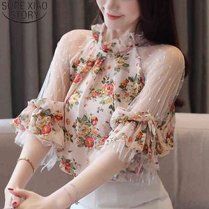 Floral Imprimir Lace Chiffon Blusa Blusas de Moda Mulheres Camisas Mujer Womens Tops e Blusas 4068 50 210417