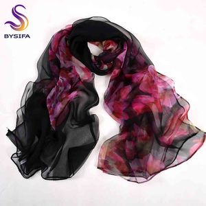 [BYSIFA] Chinese Peony Black Pink Ladies Silk Scarf Spring Winter Large Size Women Long Scarves Sexy Beach Shawl 170*105cm