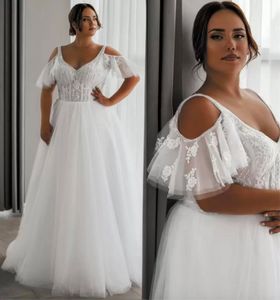 Biały Plus Size Sukienka ślubna Linia Sexy V Neck Paski Off The Ramię Suknie Ślubne Gorset Wróć Powrót Sweep Pociąg Koronki Małżeństwo Suknie