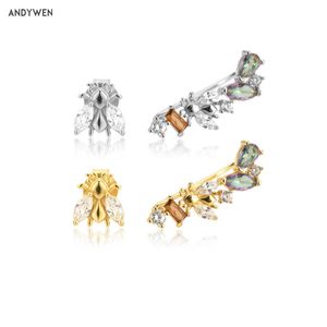 Andywen 925 Sterling Silver Gold Long Rainbow Bees Climber Earring Piercing Oregular Pin Rock Punk Fashion Smycken 210608