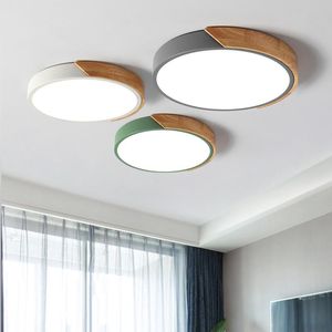 30/40/50/60CM Nordic Round Bedroom LED Ceiling Lamp Iron Green Grey White Metal Base Natural Solid Wood Decoration Lighting Lights