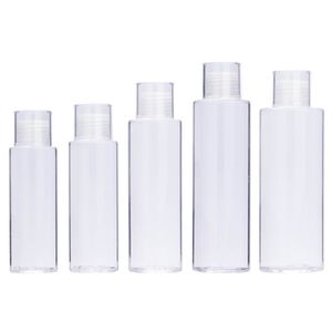 Refillerbar plastflaska Klar platt axel PET Transparent med lock Vit Skruvlock Tom bärbar kosmetisk förpackningsbehållare 100 ml 120 ml 150ml 200 ml 250 ml