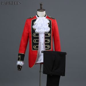 Erkek Kırmızı Avrupa Tarzı Mahkemesi Mareşal Takım Elbise Damat Düğün 2 Parça Takım Elbise (Ceket + Pantolon) Erkek Parti Sahne Şarkıcı Orta Çağ Kostüm 210522