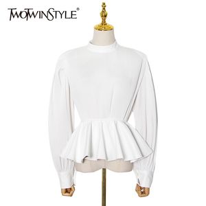 TWOTWINSTYLE Weiß Tunika Hemd Für Frauen Stehkragen Langarm Elegante Bluse Weibliche Mode Kleidung Herbst Stil 210517