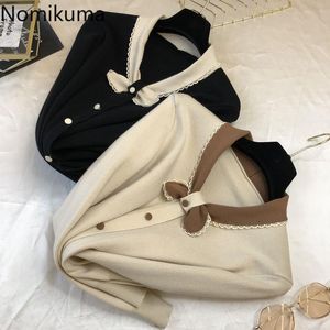 Nomikuma 도착 당겨 Femme 나비 칼라 긴 소매 짧은 스웨터 여성 버튼 디자인 캐주얼 빈티지 풀오버 3E027 210514