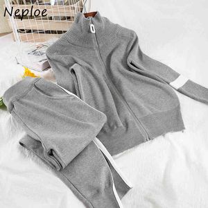 Neploe Casual Fashion Suita DolceNeck Cardigan in Knit Cappotto + Doppia tasche Harem Pants Primavera Autunno 2 Pz Donne Set 210510