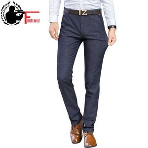 Slim Fit Lång Klänning Byxor Mens Stretch Högkvalitativ Classic Casual Formal Suits Joggers Business Office Byxor Manlig Black Blue 210518