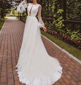 Långärmade Linje Bröllopsklänningar Appliqued Lace Bridal Gown Sexig Illusion Custom Made Sweep Train Boho Chic Real Iamge Robes de Mariée
