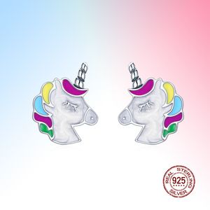 Unicorn Färgglada Minne Stud Örhängen för Kvinnor Högkvalitativ 100% 925 Sterling Silver Smycken Gift