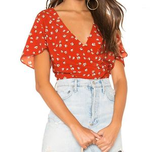 Mulheres Blusas Camisas 2021 Primavera Mulheres Chic Floral Cópia Curta Blusa Feminina Moda Vermelha V-pescoço de V-pescoço Camisa Jovem Lady Beach