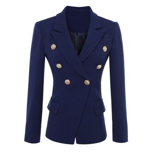 HIGH QUALITY Fashion Designer Blazer Jacket Women's Gold Buttons Navy Blue Double Breasted Outerwear size S-4XL 211006